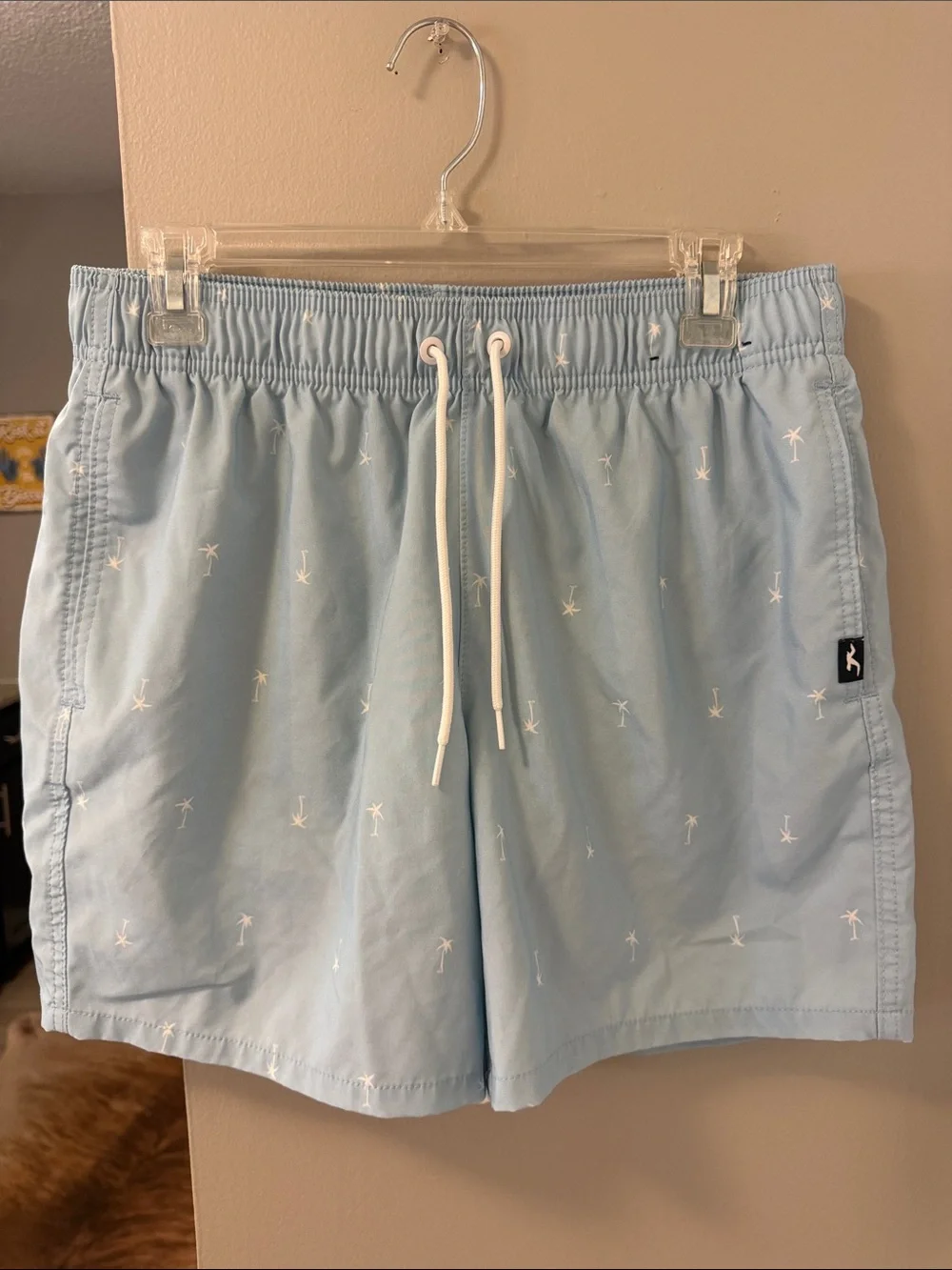 Hollister light blue palm tree pattern mid thigh swim trunks L